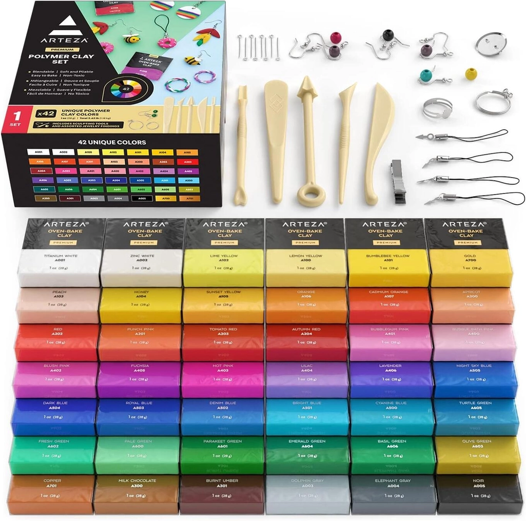Arteza Polymer Clay Kit - 42 Colors, Tools & Accessories